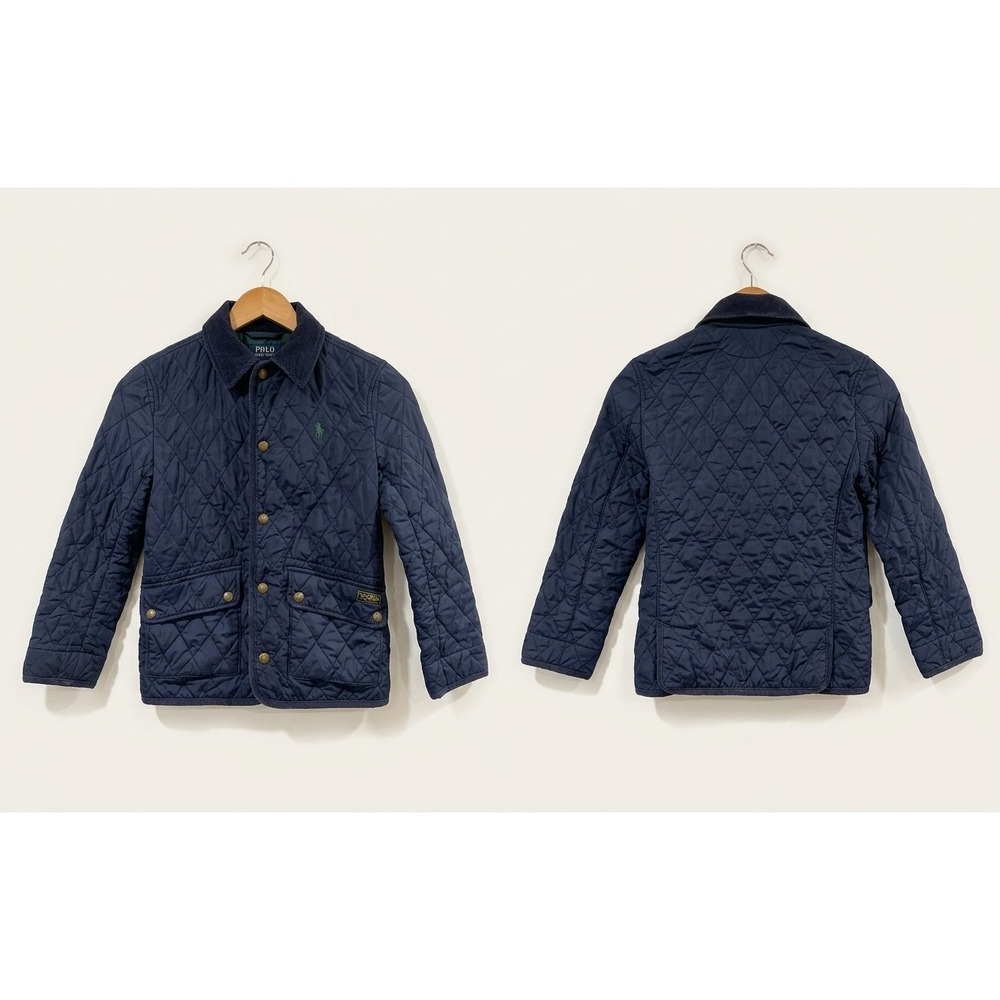 Polo Ralph Lauren Boys Navy Quilted Barn Jacket Corduroy Collar Green Lined S/8